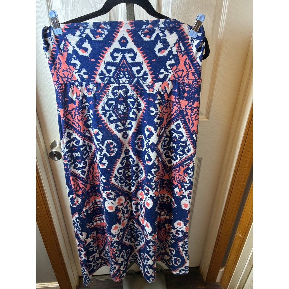 Lily Rose Womens XL Navy Blue Coral Ikat Geometric Fold Over Waist Maxi Skirt